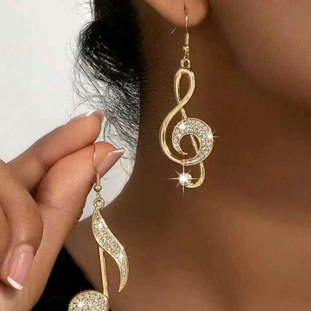 Gold Tone Sparkle Musical Notes 🎼Dangle Drop Earrings New!